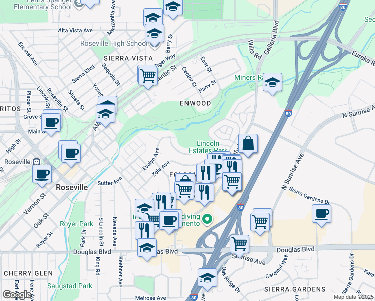 map of restaurants, bars, coffee shops, grocery stores, and more near 315 James Drive in Roseville