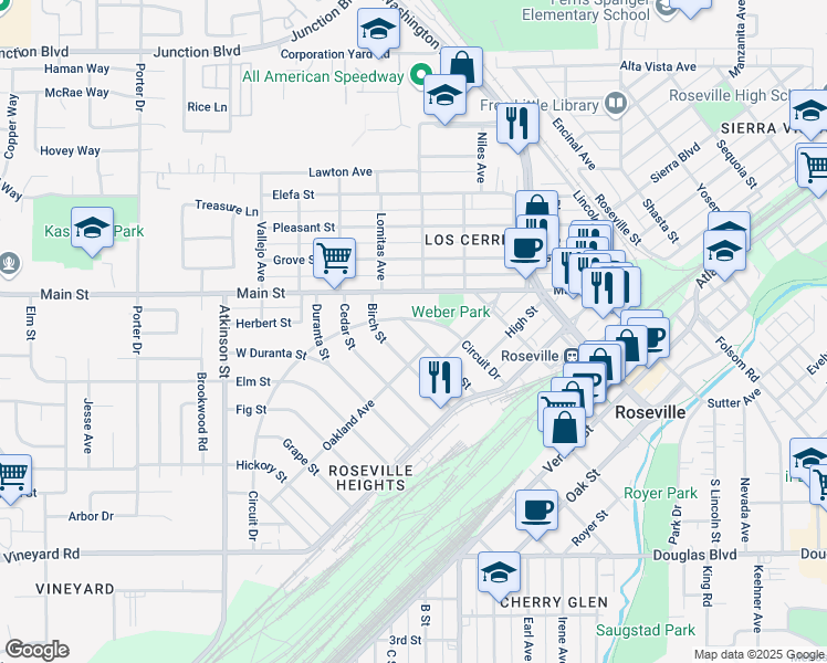map of restaurants, bars, coffee shops, grocery stores, and more near 361 Circuit Drive in Roseville