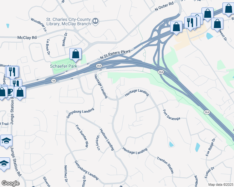 map of restaurants, bars, coffee shops, grocery stores, and more near 1526 Heritage Landing in St. Peters