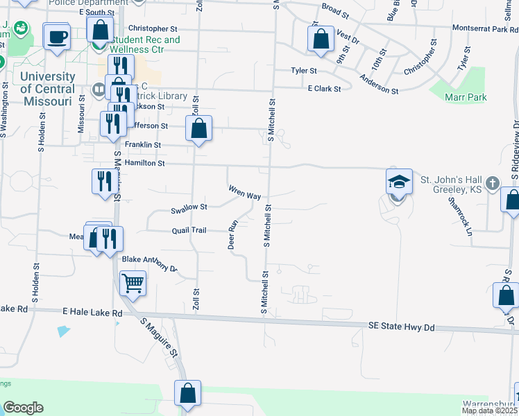 map of restaurants, bars, coffee shops, grocery stores, and more near 904 South Mitchell Street in Warrensburg