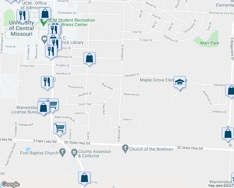 map of restaurants, bars, coffee shops, grocery stores, and more near 904 South Mitchell Street in Warrensburg