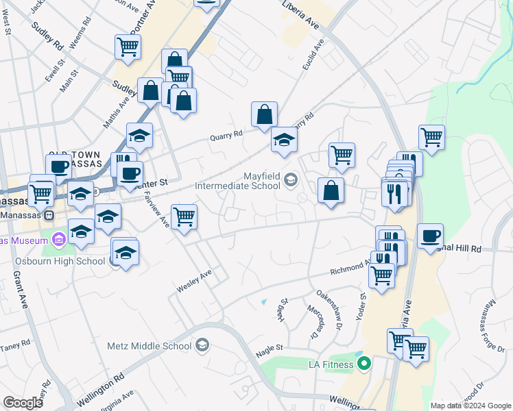 map of restaurants, bars, coffee shops, grocery stores, and more near 8640 Sanderling Drive in Manassas