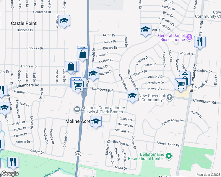 map of restaurants, bars, coffee shops, grocery stores, and more near 1438 Kilgore Drive in St. Louis