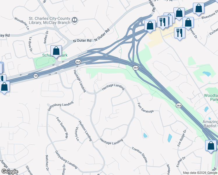 map of restaurants, bars, coffee shops, grocery stores, and more near 1437 Heritage Landing in St. Charles