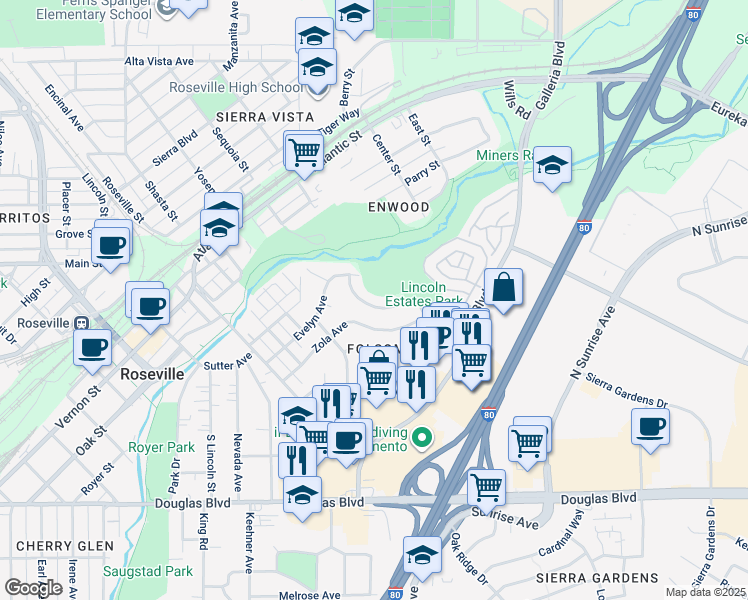 map of restaurants, bars, coffee shops, grocery stores, and more near 315 James Drive in Roseville