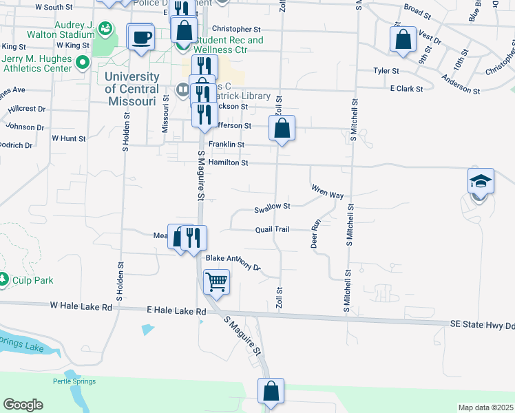 map of restaurants, bars, coffee shops, grocery stores, and more near 421 Swallow Street in Warrensburg
