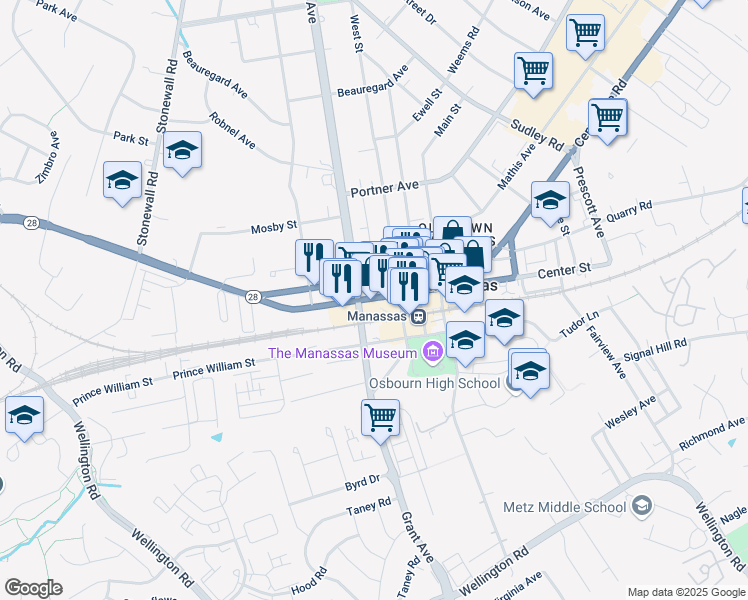 map of restaurants, bars, coffee shops, grocery stores, and more near in Manassas