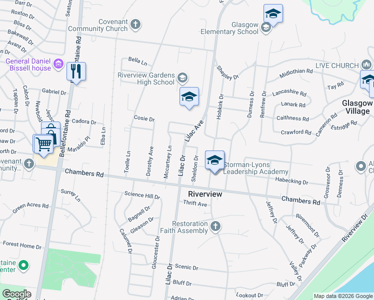 map of restaurants, bars, coffee shops, grocery stores, and more near 10058 Lilac Avenue in St. Louis