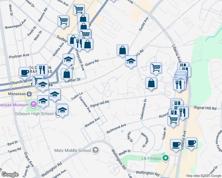 map of restaurants, bars, coffee shops, grocery stores, and more near 8743 Deblanc Place in Manassas