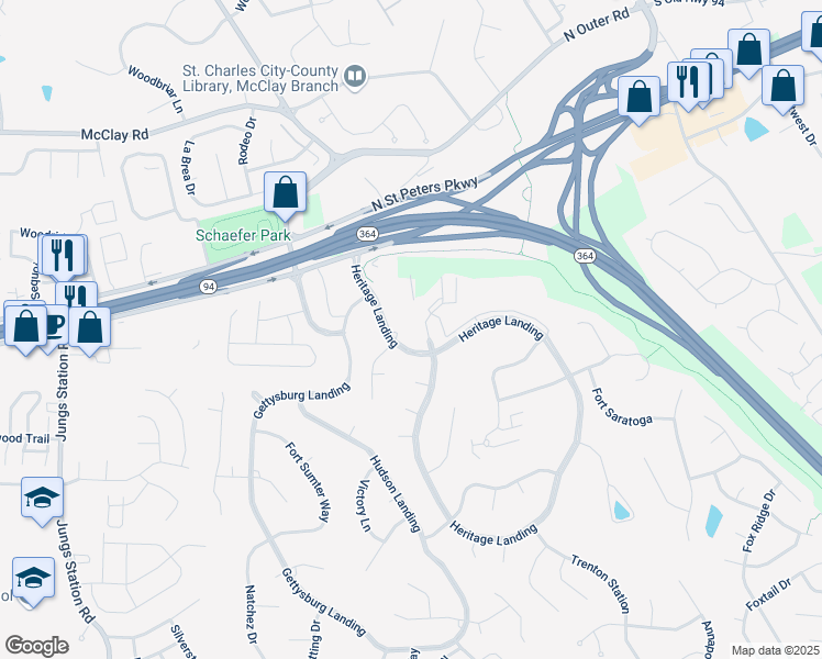map of restaurants, bars, coffee shops, grocery stores, and more near 1526 Heritage Landing in St. Peters