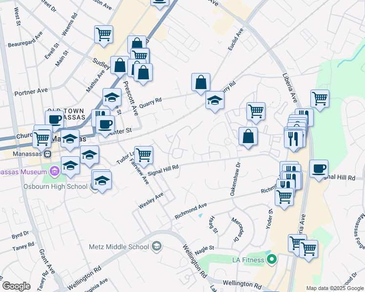 map of restaurants, bars, coffee shops, grocery stores, and more near 8743 Deblanc Place in Manassas