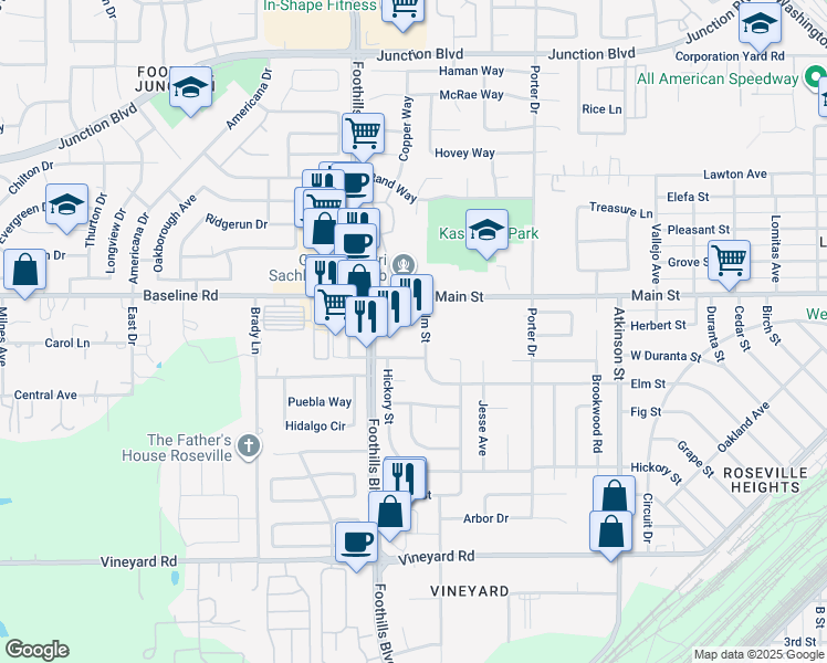 map of restaurants, bars, coffee shops, grocery stores, and more near 3989 Foothills Boulevard in Roseville
