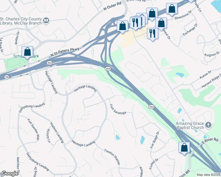 map of restaurants, bars, coffee shops, grocery stores, and more near Yorktown Square Court in Saint Charles