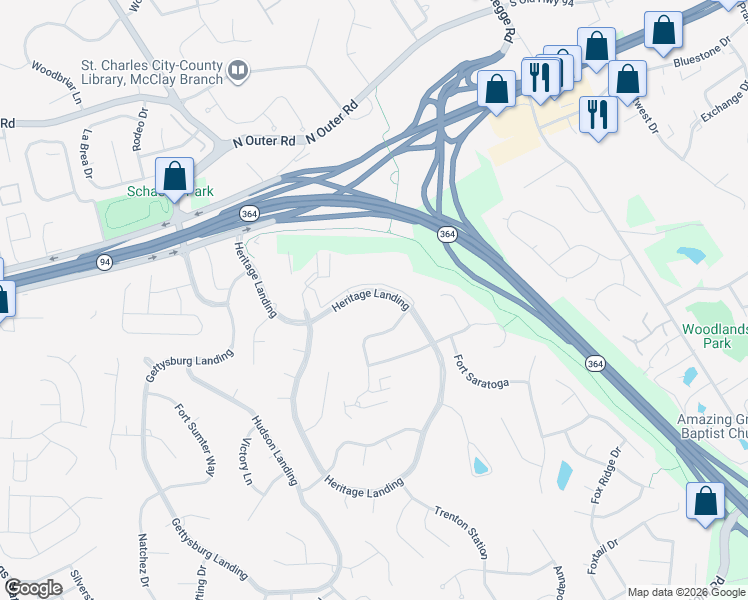 map of restaurants, bars, coffee shops, grocery stores, and more near 1431 Heritage Landing in St. Charles