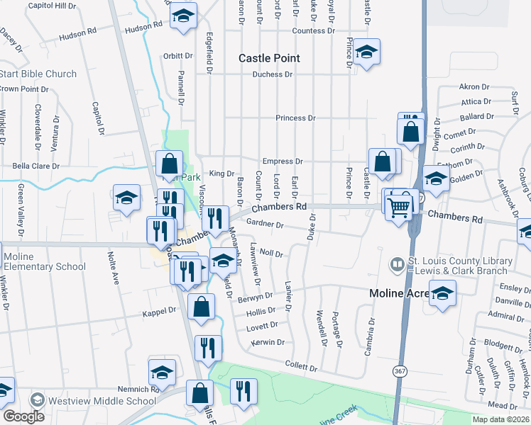 map of restaurants, bars, coffee shops, grocery stores, and more near 2318 Chambers Road in St. Louis