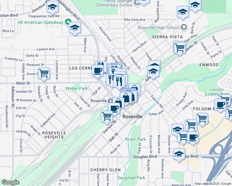 map of restaurants, bars, coffee shops, grocery stores, and more near 121 Church Street in Roseville