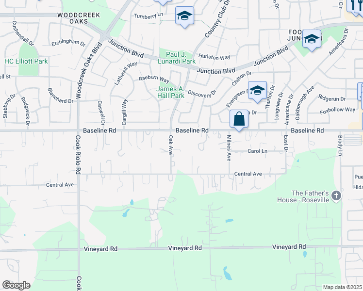 map of restaurants, bars, coffee shops, grocery stores, and more near 2485 Baseline Road in Roseville