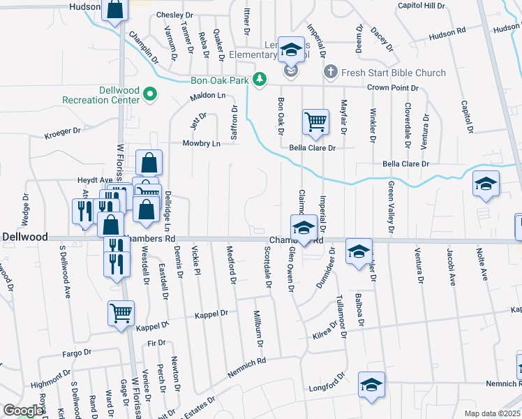 map of restaurants, bars, coffee shops, grocery stores, and more near 10007 Neville Walk in St. Louis