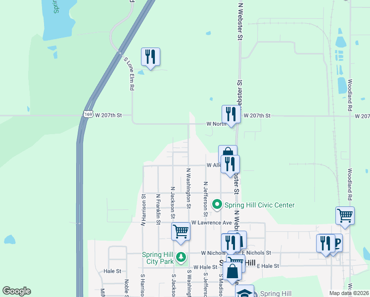 map of restaurants, bars, coffee shops, grocery stores, and more near 815 North Washington Street in Spring Hill