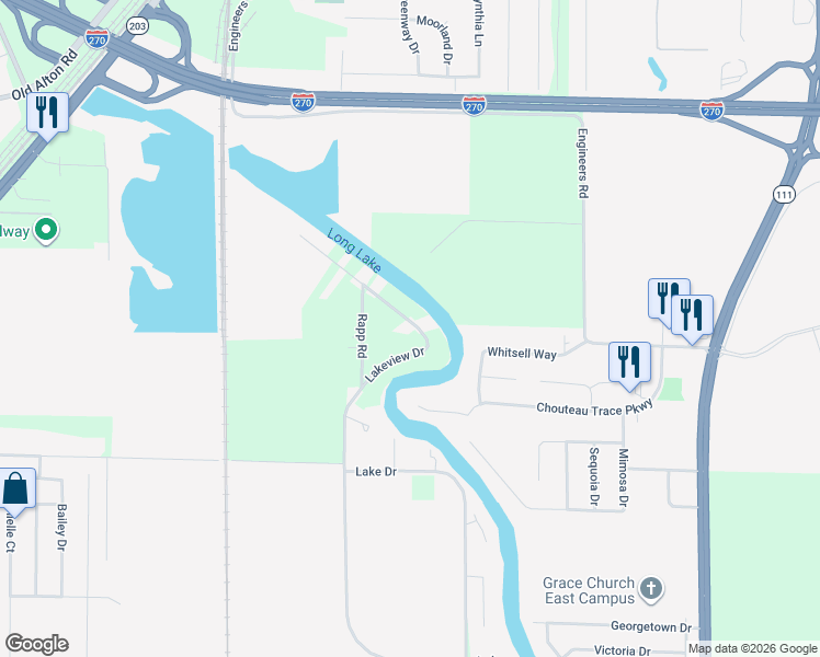 map of restaurants, bars, coffee shops, grocery stores, and more near 5121 Lakeview Drive in Granite City