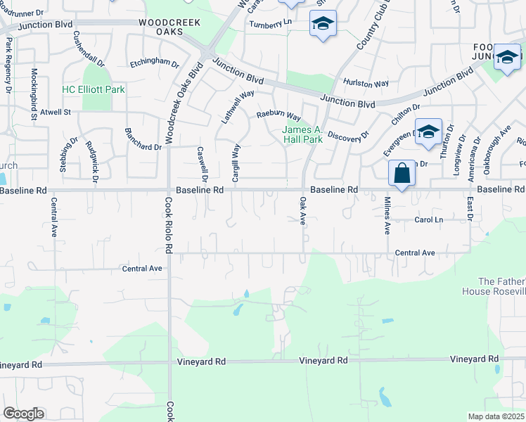 map of restaurants, bars, coffee shops, grocery stores, and more near 2695 Baseline Road in Roseville