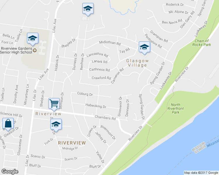 map of restaurants, bars, coffee shops, grocery stores, and more near 354 Cameron Road in St. Louis