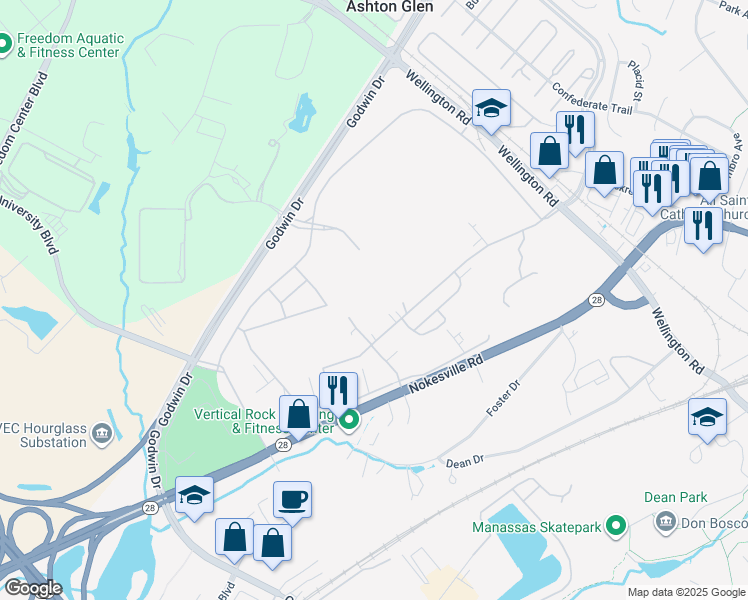 map of restaurants, bars, coffee shops, grocery stores, and more near 9600 Godwin Drive in Manassas