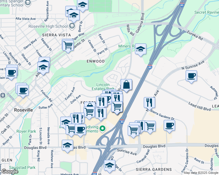 map of restaurants, bars, coffee shops, grocery stores, and more near 235 Macario Court in Roseville