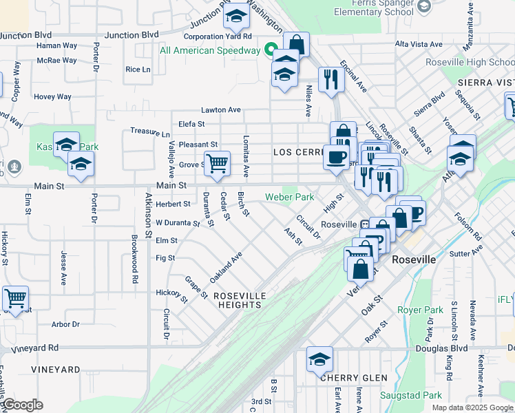 map of restaurants, bars, coffee shops, grocery stores, and more near 361 Circuit Drive in Roseville