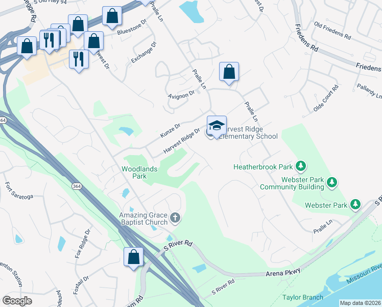 map of restaurants, bars, coffee shops, grocery stores, and more near 2 Red Cedar Court in Saint Charles