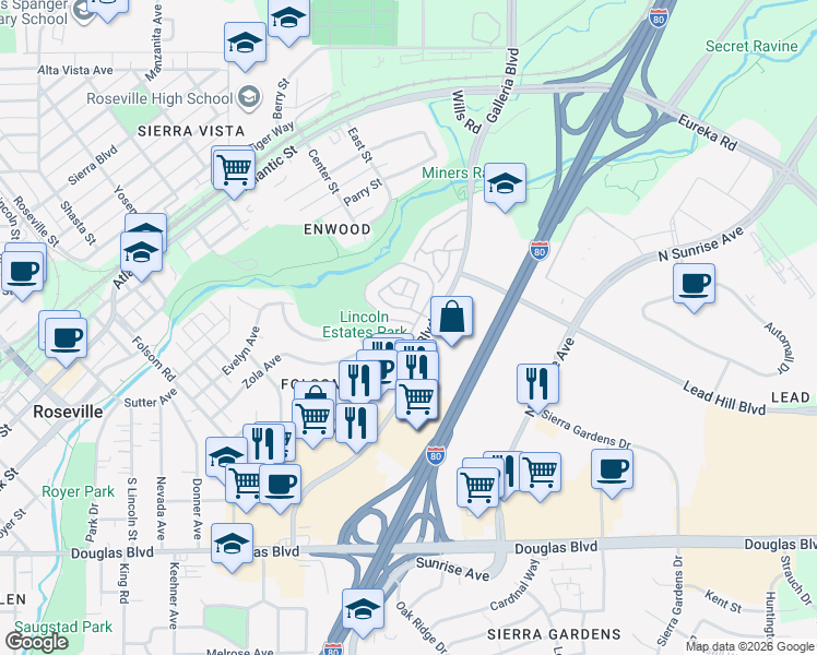 map of restaurants, bars, coffee shops, grocery stores, and more near 235 Macario Court in Roseville