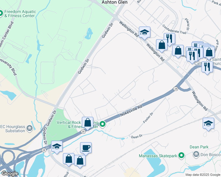map of restaurants, bars, coffee shops, grocery stores, and more near 9600 Godwin Drive in Manassas