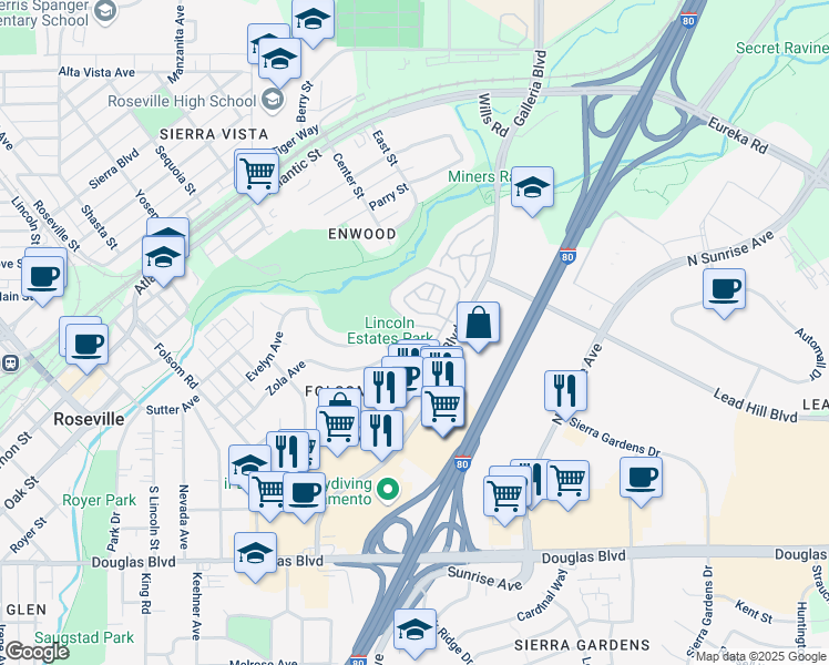 map of restaurants, bars, coffee shops, grocery stores, and more near 235 Macario Court in Roseville