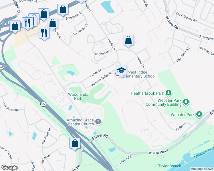 map of restaurants, bars, coffee shops, grocery stores, and more near 2 Red Cedar Court in St. Charles