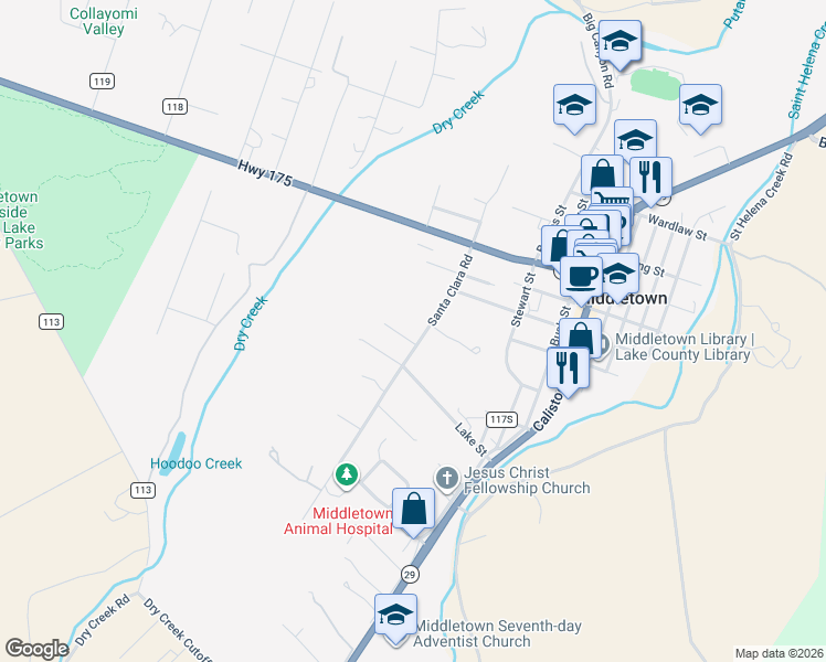 map of restaurants, bars, coffee shops, grocery stores, and more near 21229 Santa Clara Road in Middletown