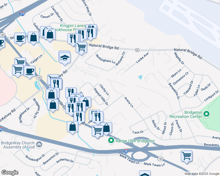 map of restaurants, bars, coffee shops, grocery stores, and more near 12044 Avery Lane in Bridgeton