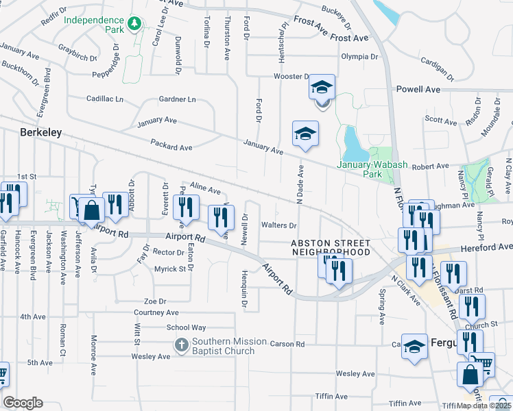 map of restaurants, bars, coffee shops, grocery stores, and more near 321 Henquin Drive in Ferguson