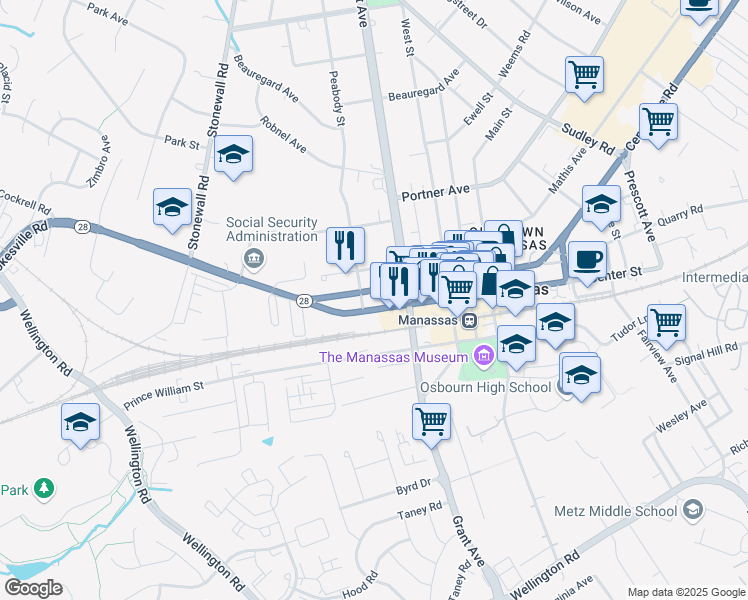 map of restaurants, bars, coffee shops, grocery stores, and more near 9258 Virginia 28 in Manassas