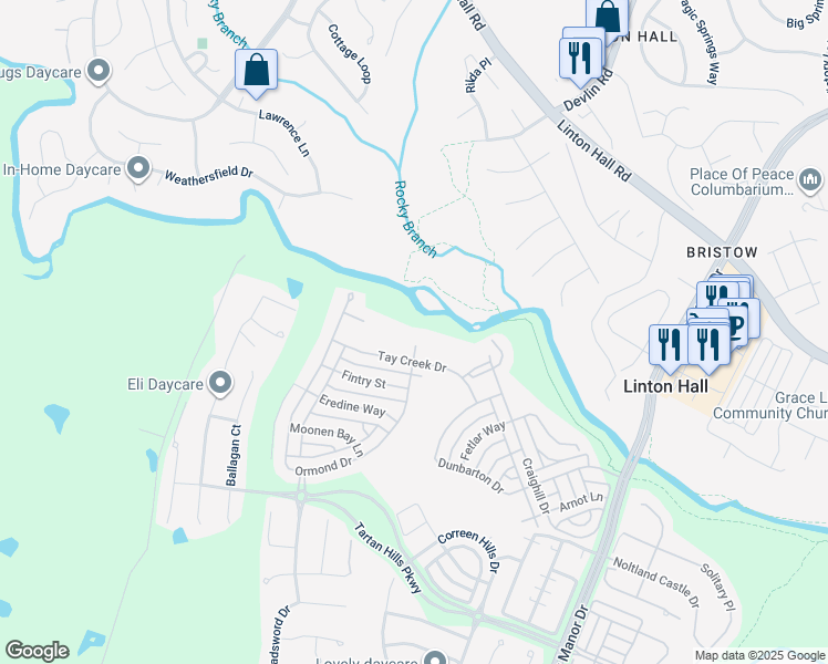 map of restaurants, bars, coffee shops, grocery stores, and more near 9450 Raith Court in Bristow