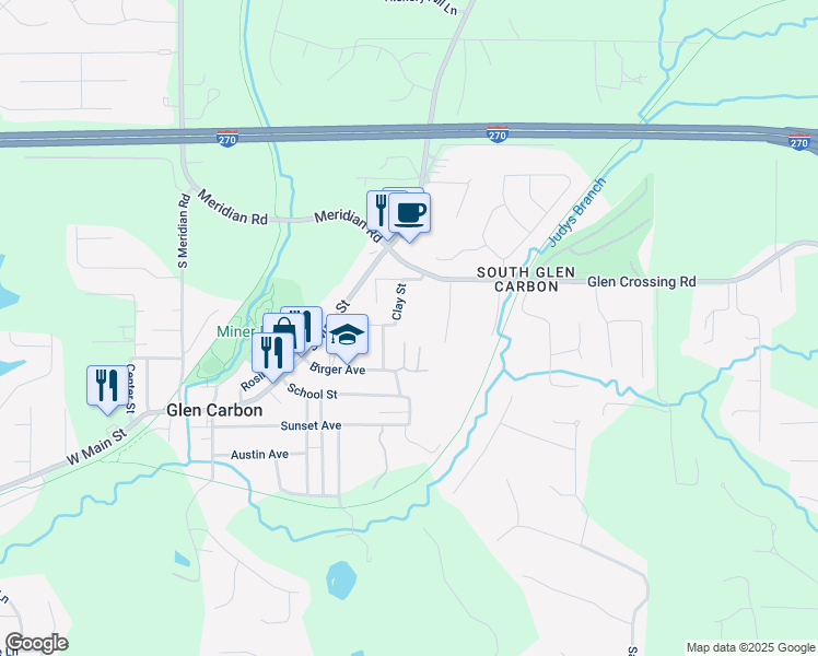 map of restaurants, bars, coffee shops, grocery stores, and more near 129 Clay Street in Glen Carbon