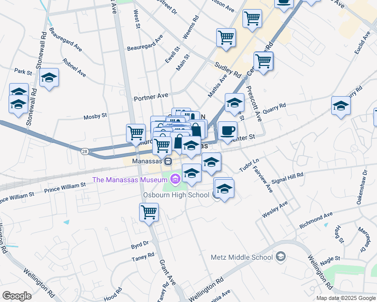 map of restaurants, bars, coffee shops, grocery stores, and more near 9027 Center Street in Manassas