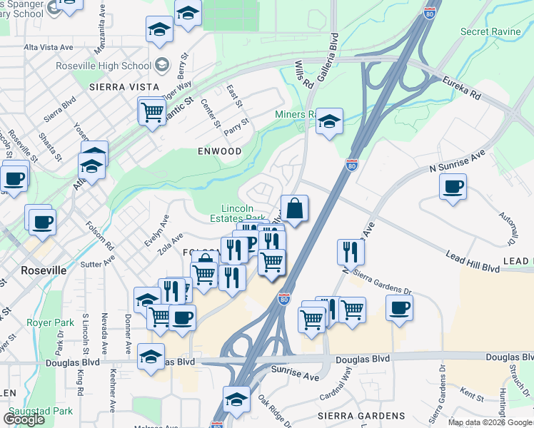 map of restaurants, bars, coffee shops, grocery stores, and more near 235 Macario Court in Roseville
