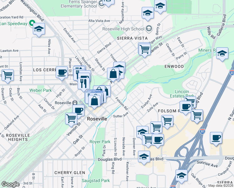 map of restaurants, bars, coffee shops, grocery stores, and more near 209 Walnut Street in Roseville