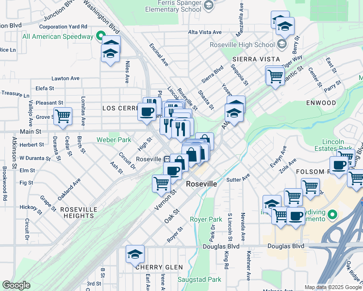 map of restaurants, bars, coffee shops, grocery stores, and more near 121 Church Street in Roseville