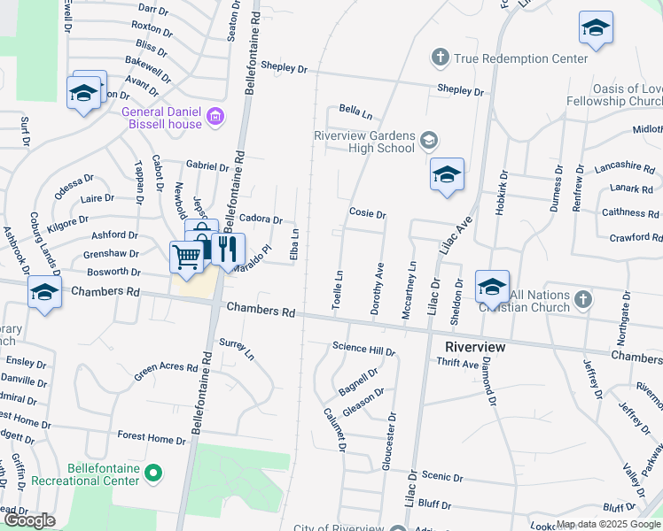 map of restaurants, bars, coffee shops, grocery stores, and more near 10075 Toelle Lane in St. Louis