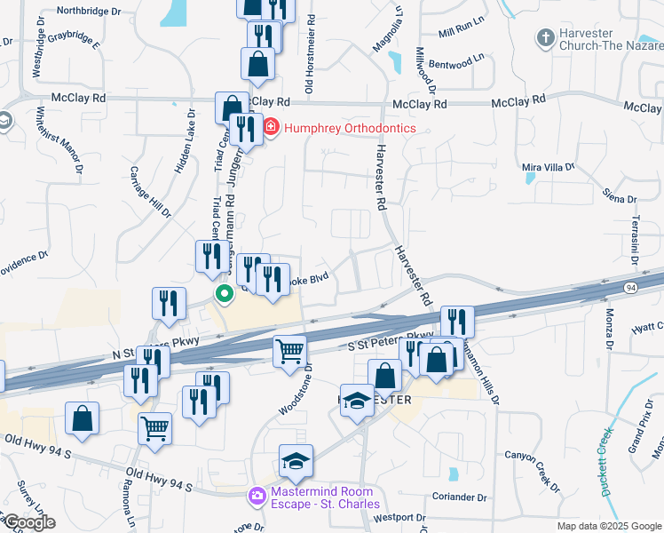 map of restaurants, bars, coffee shops, grocery stores, and more near 512 Queens Court Place in St. Peters
