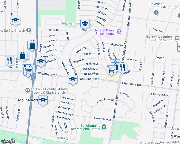 map of restaurants, bars, coffee shops, grocery stores, and more near 1201 Bosworth Drive in St. Louis