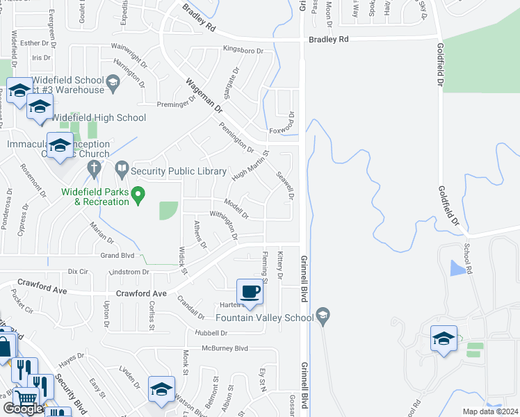 map of restaurants, bars, coffee shops, grocery stores, and more near 1155 Costigan Drive in Colorado Springs