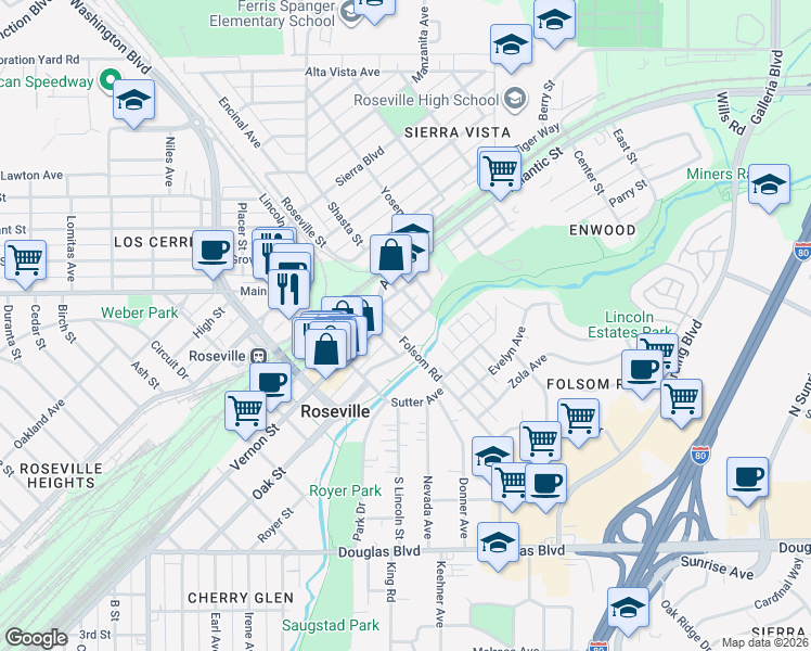 map of restaurants, bars, coffee shops, grocery stores, and more near 209 Walnut Street in Roseville