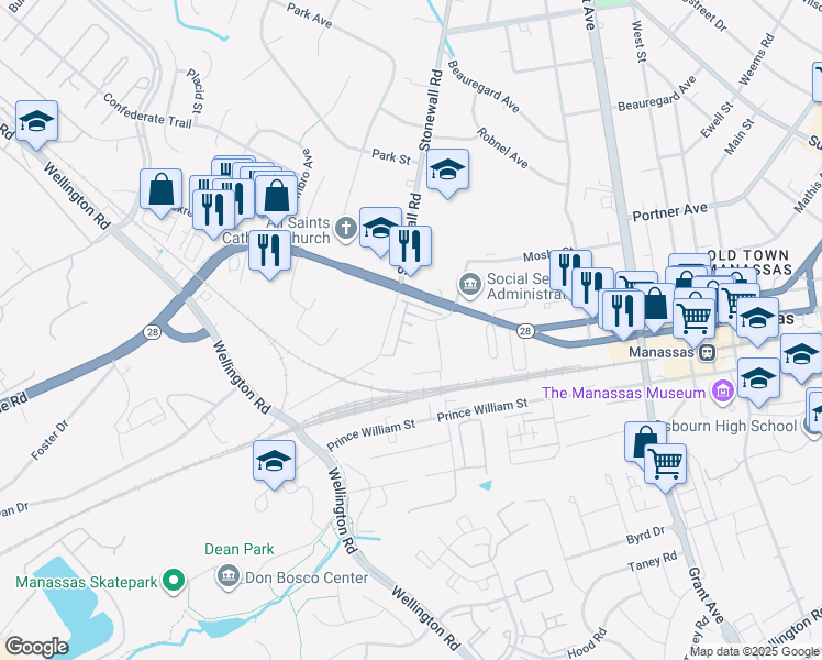 map of restaurants, bars, coffee shops, grocery stores, and more near 9542 Chancellorsville Lane in Manassas